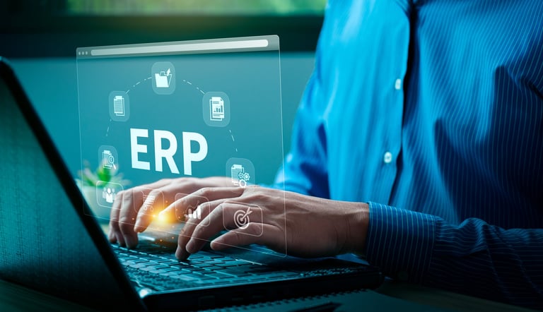 Businessman Using ERP Software System on Virtual Interface, Integrating Business Processes and Data Management Solutions for Efficient Workflow