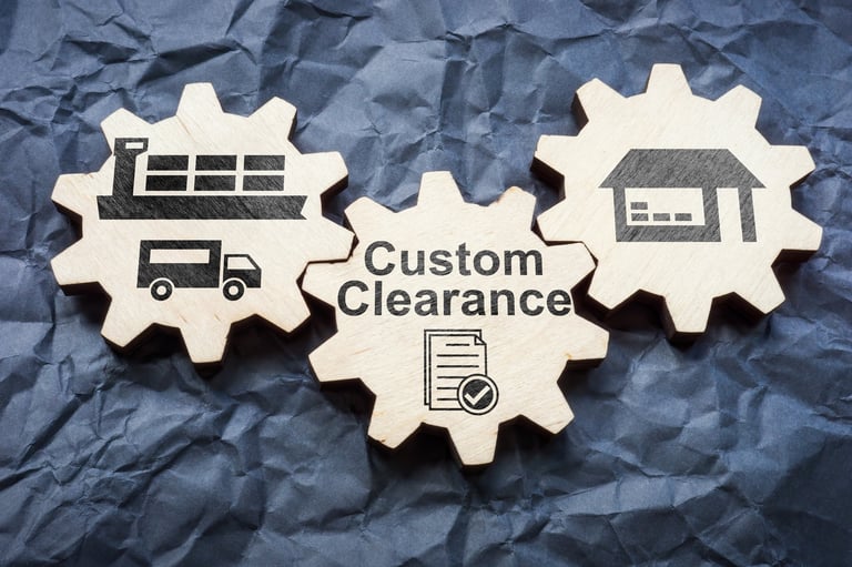 Custom clearance gears symbolizing logistics coordination and international trade process.