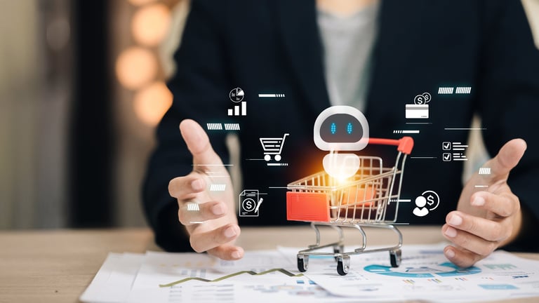 Artificial intelligence chatbot with shopping cart symbolizing e-commerce, online retail, digital marketing and automated customer service for future business solutions.
