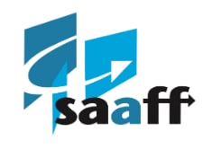 SAAFF logo featuring blue geometric shapes with a stylized book and arrow design